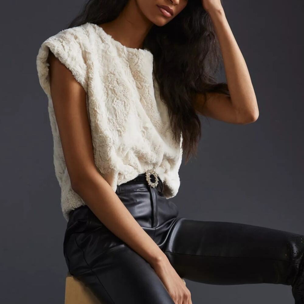 Maeve Anthropologie Faux Fur Tee Top Cream Cap Sleeve Women's Large